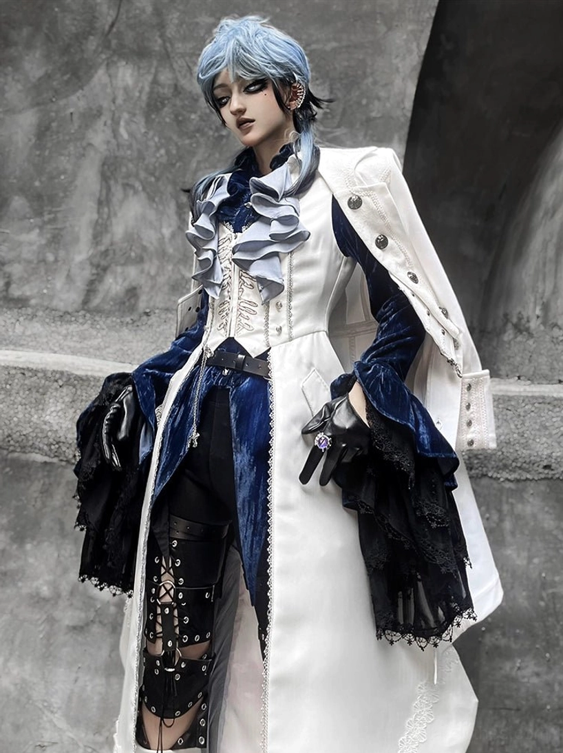Male Ouji Lolita full set outfit full-body studio portrait white long tail coat blue velvet inner details