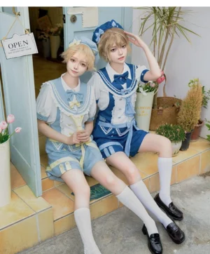 Male ouji lolita sailor suits side view two models sitting on shop doorsteps