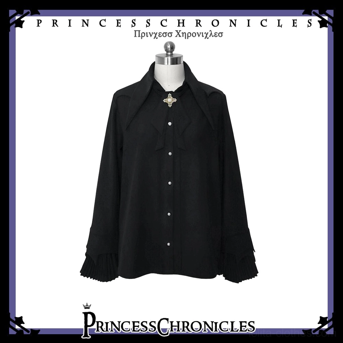Male Ouji fashion long sleeve shirt black color stand collar ruffled cuffs front button placket gothic nobleman style