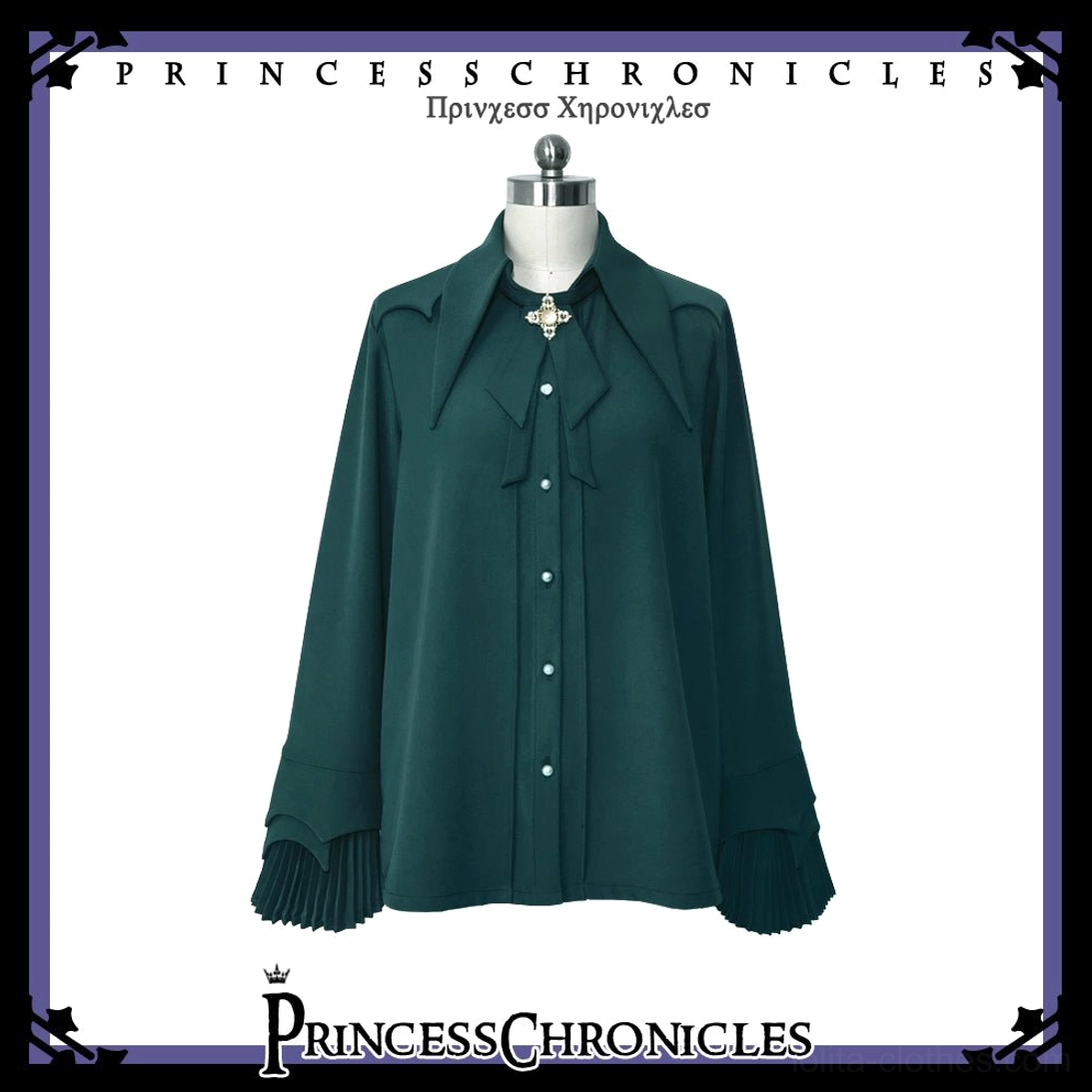 Male Ouji fashion long sleeve shirt dark green color stand collar ruffled sleeves front button closure detail shot