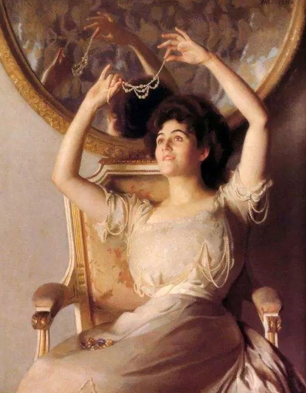 Classical oil painting style portrait of noble lady in beige retro formal long dress holding up Manor Ball II cameo pearl necklace aristocratic indoor setting