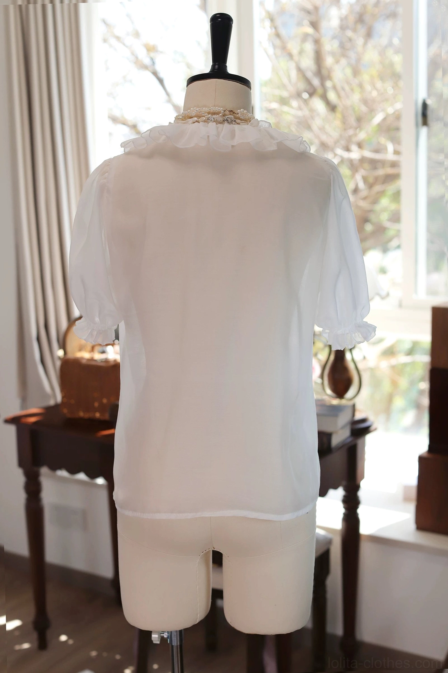 Marguerite lolita short sleeve blouse ivory white back view dress form sheer chiffon half puff sleeves vintage suitcase prop