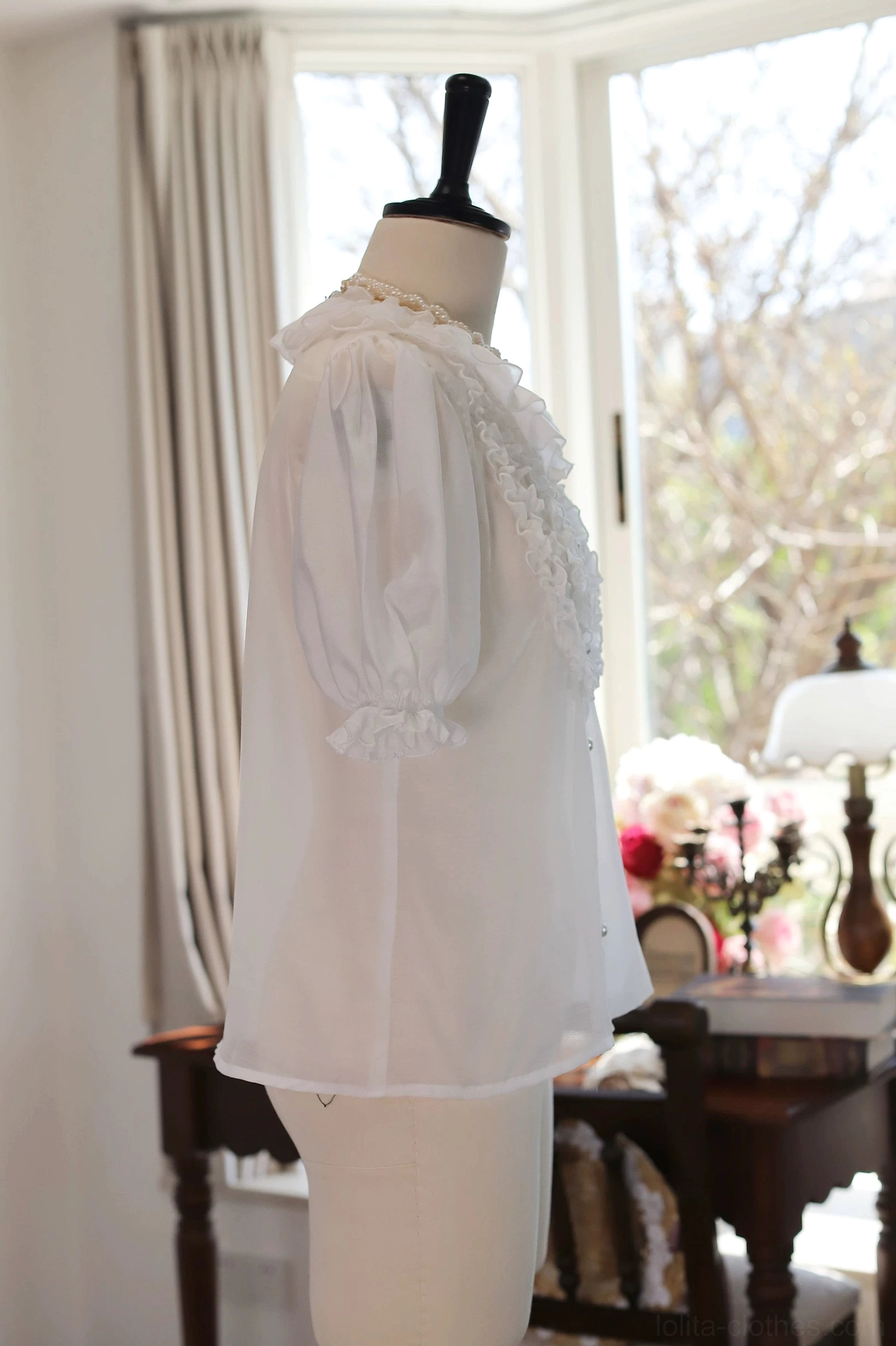 Marguerite lolita blouse ivory white side rear view dress form half puff sleeves ruffled cuffs lace trim relaxed fit