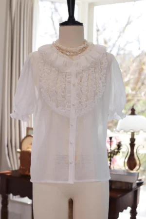Marguerite floral ruffle classic lolita short sleeve chiffon blouse milky white front view dress form mannequin delicate lace bib yoke pearl buttons