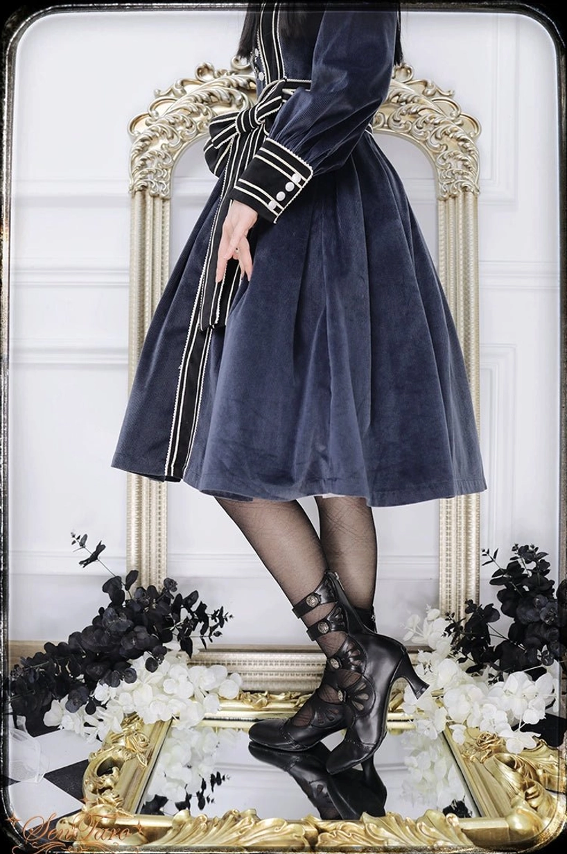 Mary Jane Lolita ankle boots with side zipper closure and curved wine glass heel showing shoe tree storage accessory