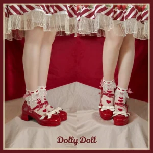 Mary Jane Lolita shoes low angle foot view showing on-foot wearing effect with heart decorated lace socks medium block heel glossy patent leather finish