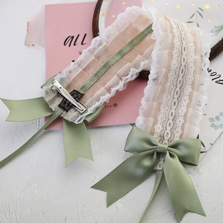 Matcha green lolita hair accessory with premium delicate lace and satin bow construction for sweet lolita coordinate