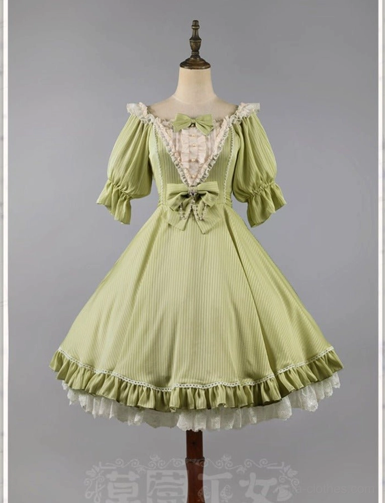 Matcha green classic lolita OP dress full-body front mannequin view puff sleeves lace trim front bow ruffled hem studio background