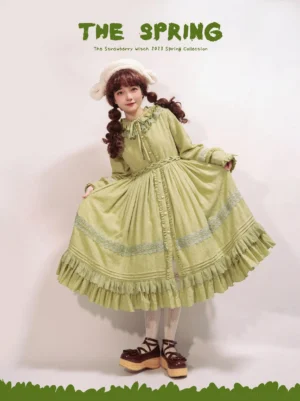 matcha green lolita op dress long sleeve detachable collar full front view model wearing white beret vintage platform shoes
