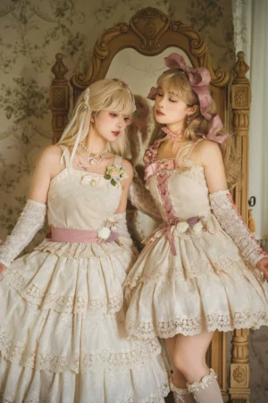Two models wearing matching classic lolita tiered embroidered dresses cream off-white pink waist sash floral brooches vintage bedroom mirror