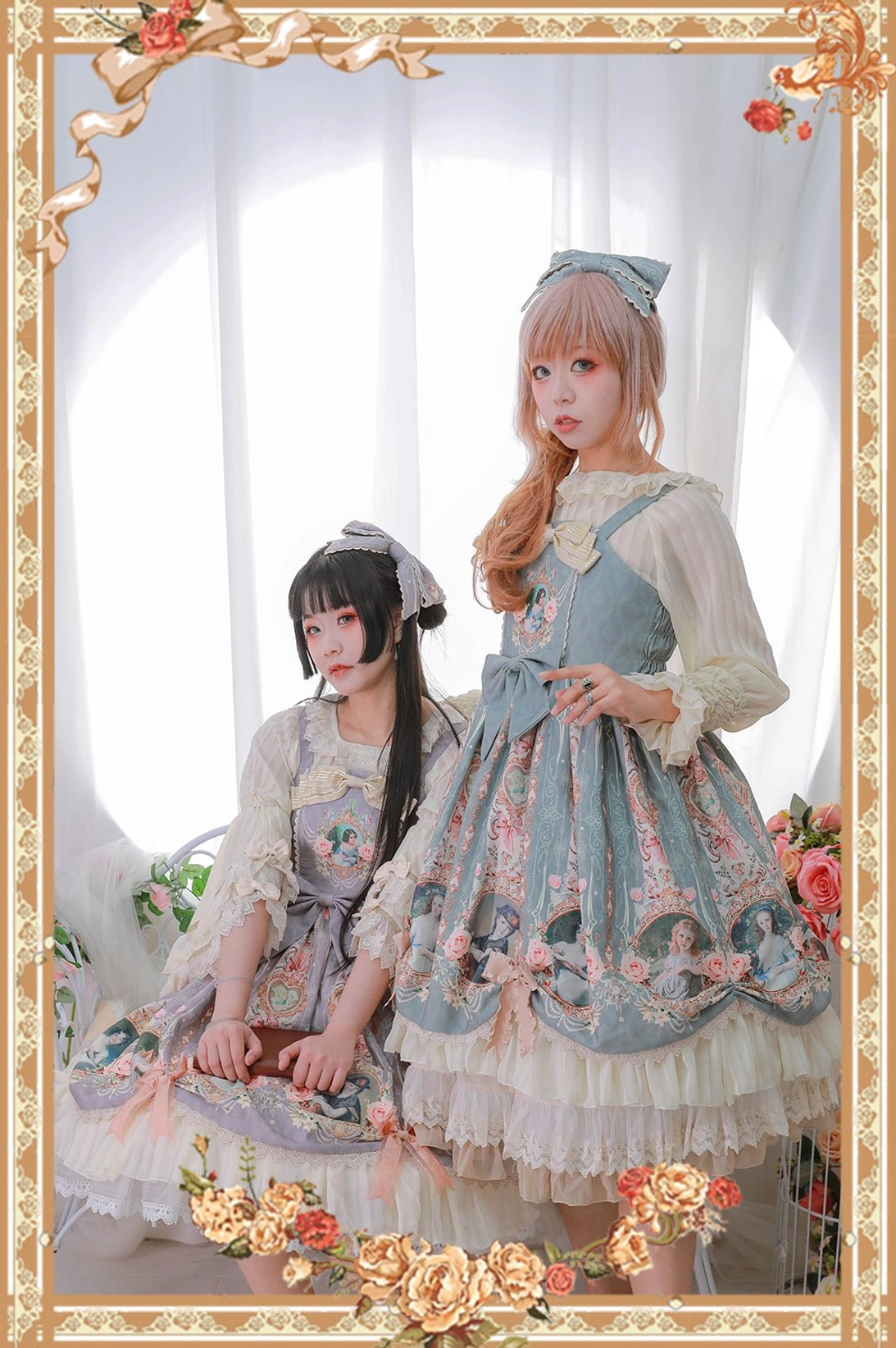 Two female models wearing matching classic lolita jumper skirts with vintage portrait prints cream ruffled hems coordinated aesthetics