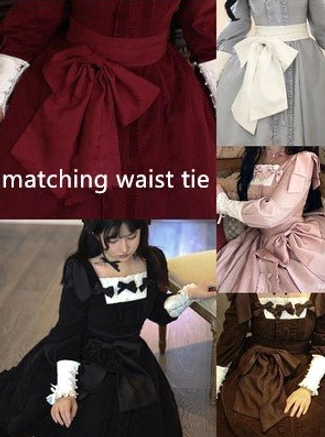 Matching color waist tie accessory for velvet Lolita OP dress sold separately, demonstrating coordinated finishing touch for complete Lolita coordinate outfit styling