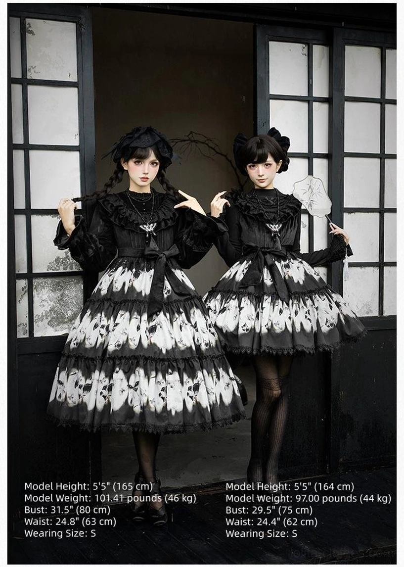 Matching gothic lolita butterfly print dresses front full-body view two models Japanese interior shoji doors tiered skirts measurement data
