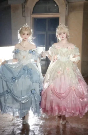 Matching gradient lolita OP dresses showcase color variation from top to bottom with pink and purple hues, featuring rose embellishments and fluffy ball gown skirts worn by models