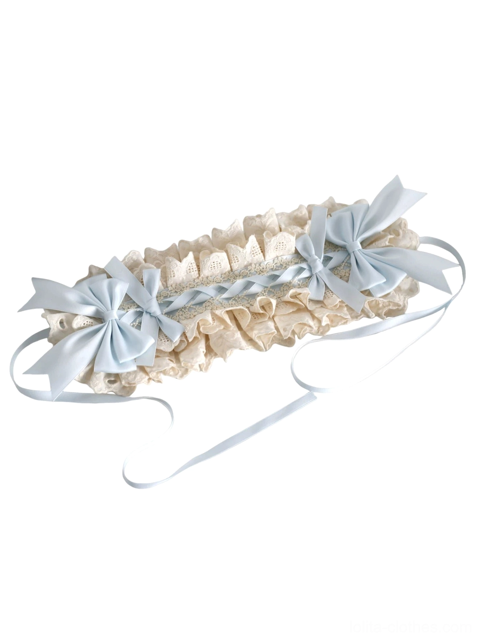Matching lolita pearl choker necklace on gold decorative tray featuring cream lace sky blue bows and pearl chain details