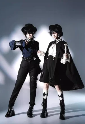Matching ouji lolita prince outfits both models formal top hats checkered socks studio photography