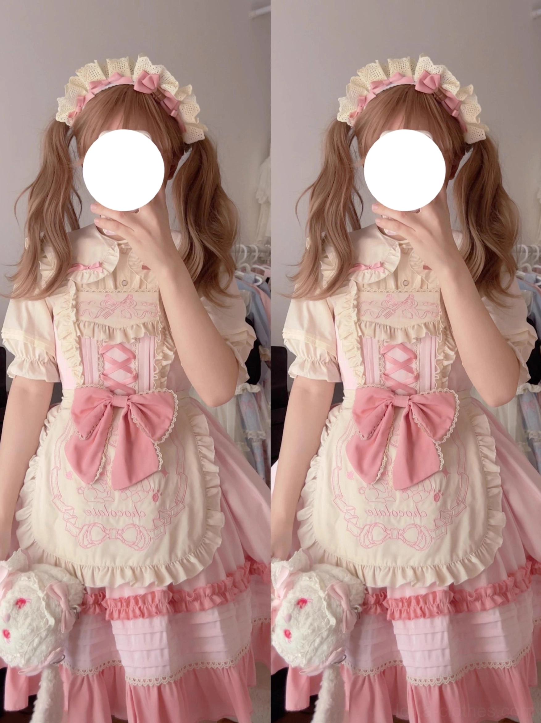 Twin girls wearing pink and cream sweet lolita maid JSK dresses with embroidered aprons, flower crowns, and coordinating plush crossbody accessories