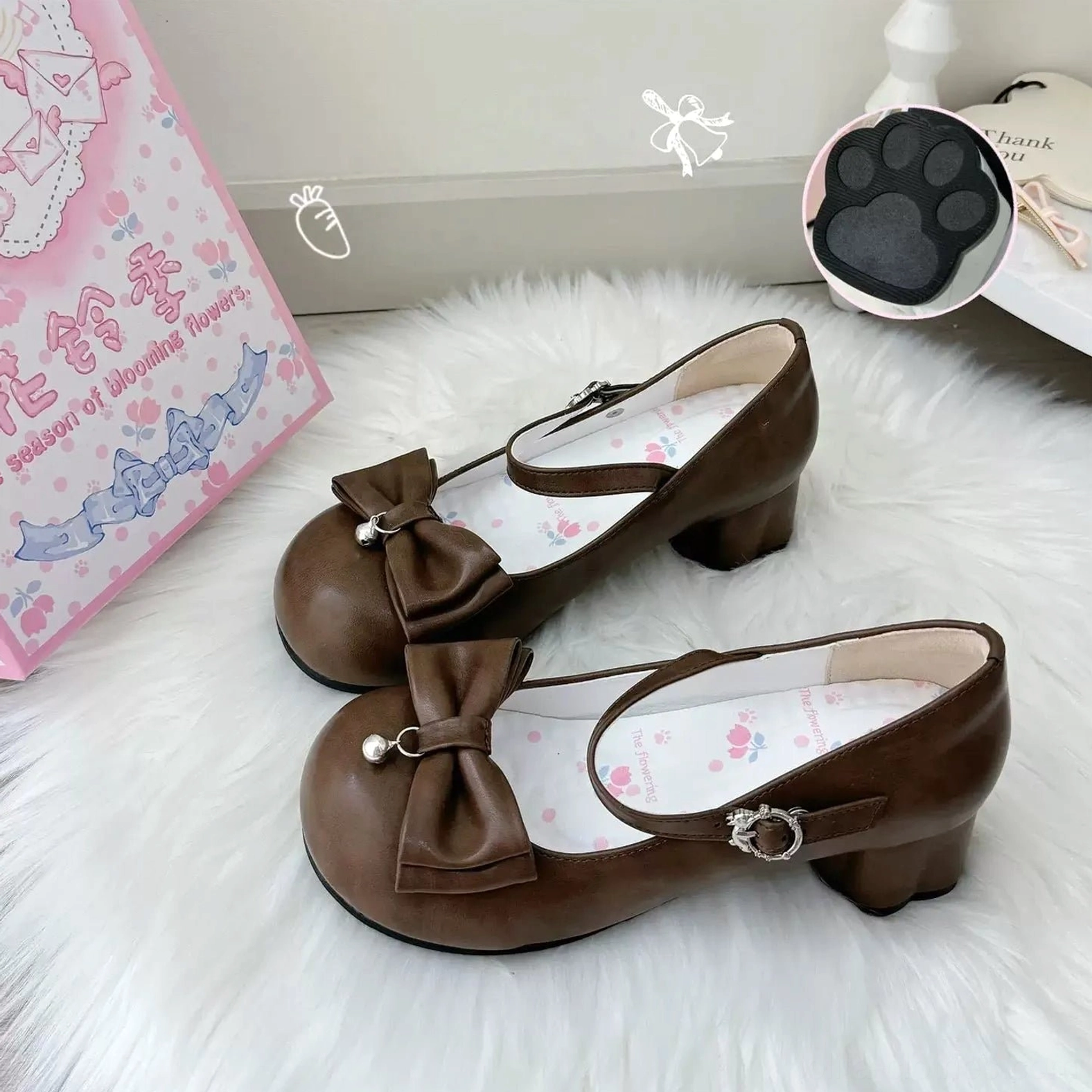 Matte oil finish brown sweet lolita Mary Jane shoes primary product image showing complete shoe design, cat paw-shaped heel structure, bunny-shaped ankle buckle, adjustable strap system, round toe, and overall sophisticated aesthetic in matte leather finish option