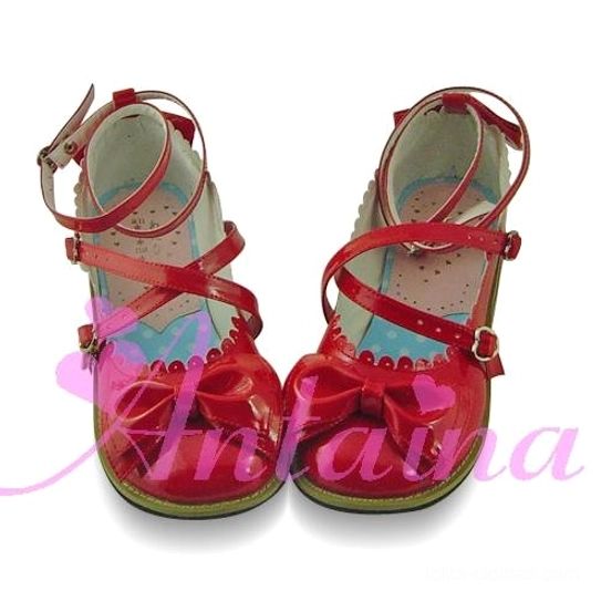 Matte wine red lolita tea party shoes with sophisticated burgundy finish, crossover ankle straps with metal buckles, decorative toe bow, and heel
