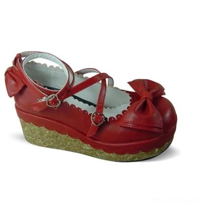 Matte wine red lolita tea party shoes featuring low 3cm front heel and 6cm back heel variation, dual ankle straps with metal buckles, toe bow ornament