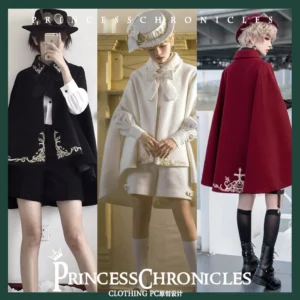 Medieval Ouji Lolita embroidered cape full outfit ensemble black white wine red color options androgynous model aristocratic styling