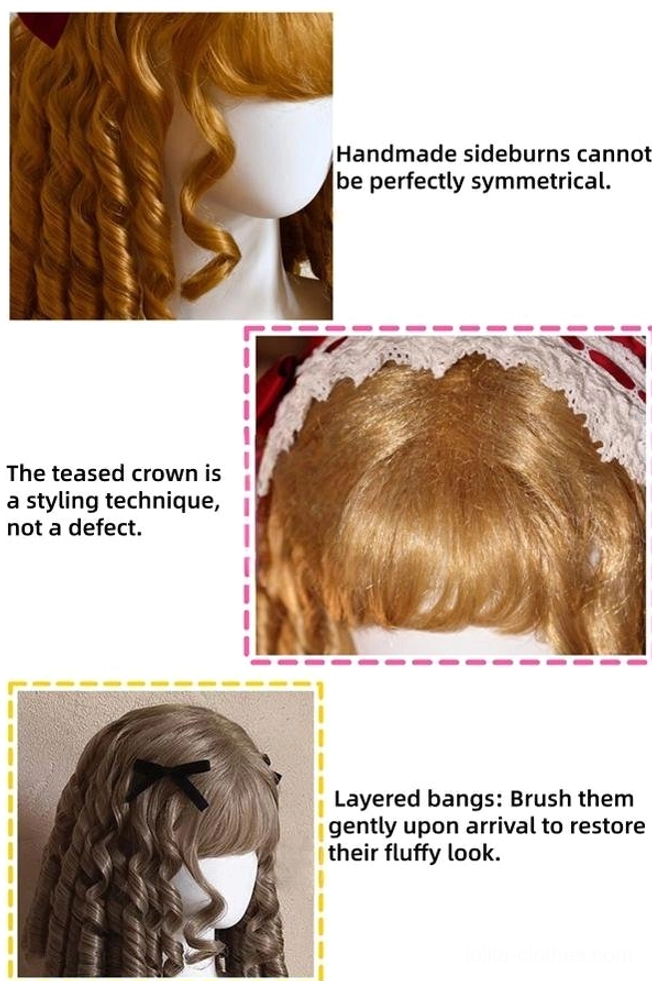 Medium-length lolita spiral curly wig ash blonde neat air bangs off-shoulder vintage corset dress