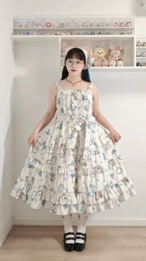 Meow Wreath Classic Lolita JSK dress full-body front view white base blue cat and wreath print layered ruffled skirt spaghetti straps button closure worn with knee-high socks black Mary Jane shoes indoor home studio