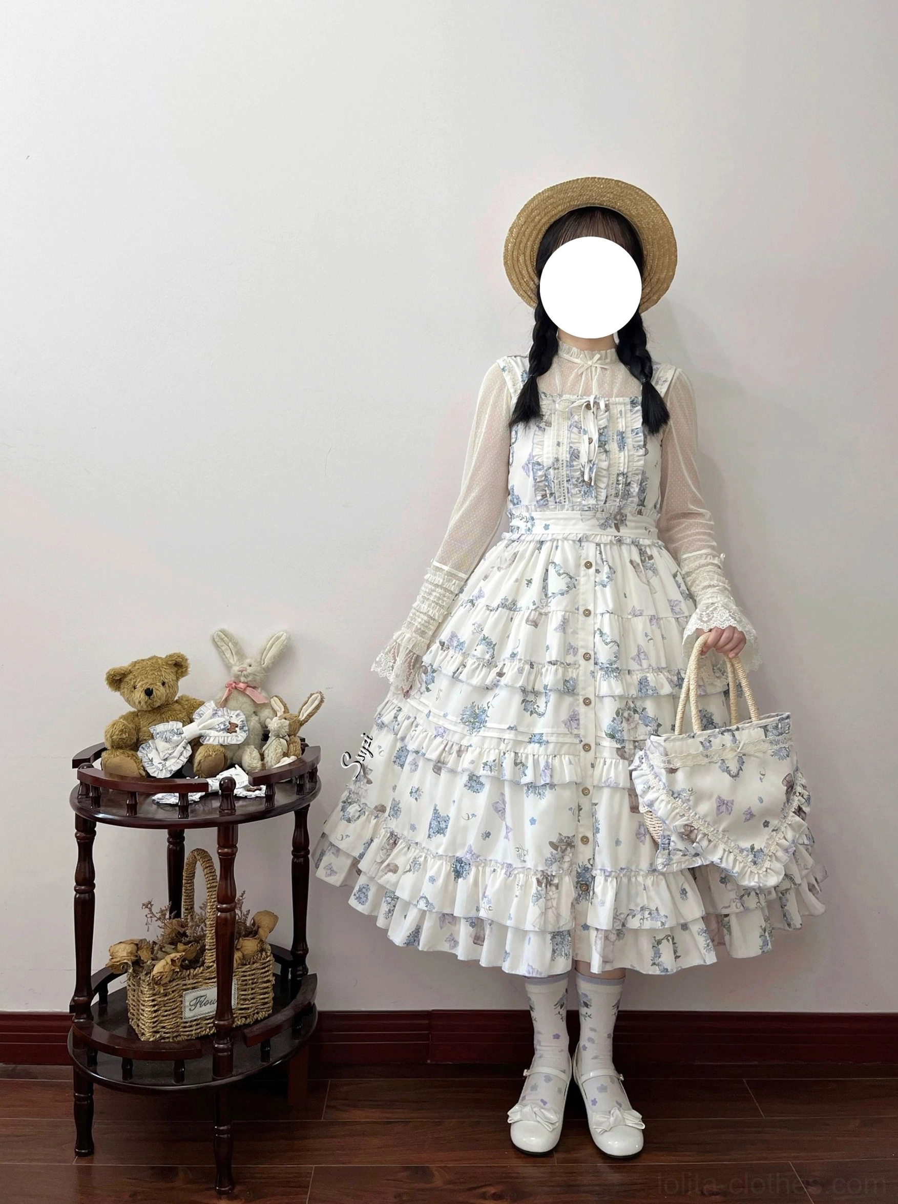 Meow Wreath Lolita JSK dress with long-sleeve blouse matching handbag indoor studio vintage teddy bear side table sheer long sleeves layered ruffled hem cat and wreath print straw boater hat white flat shoes
