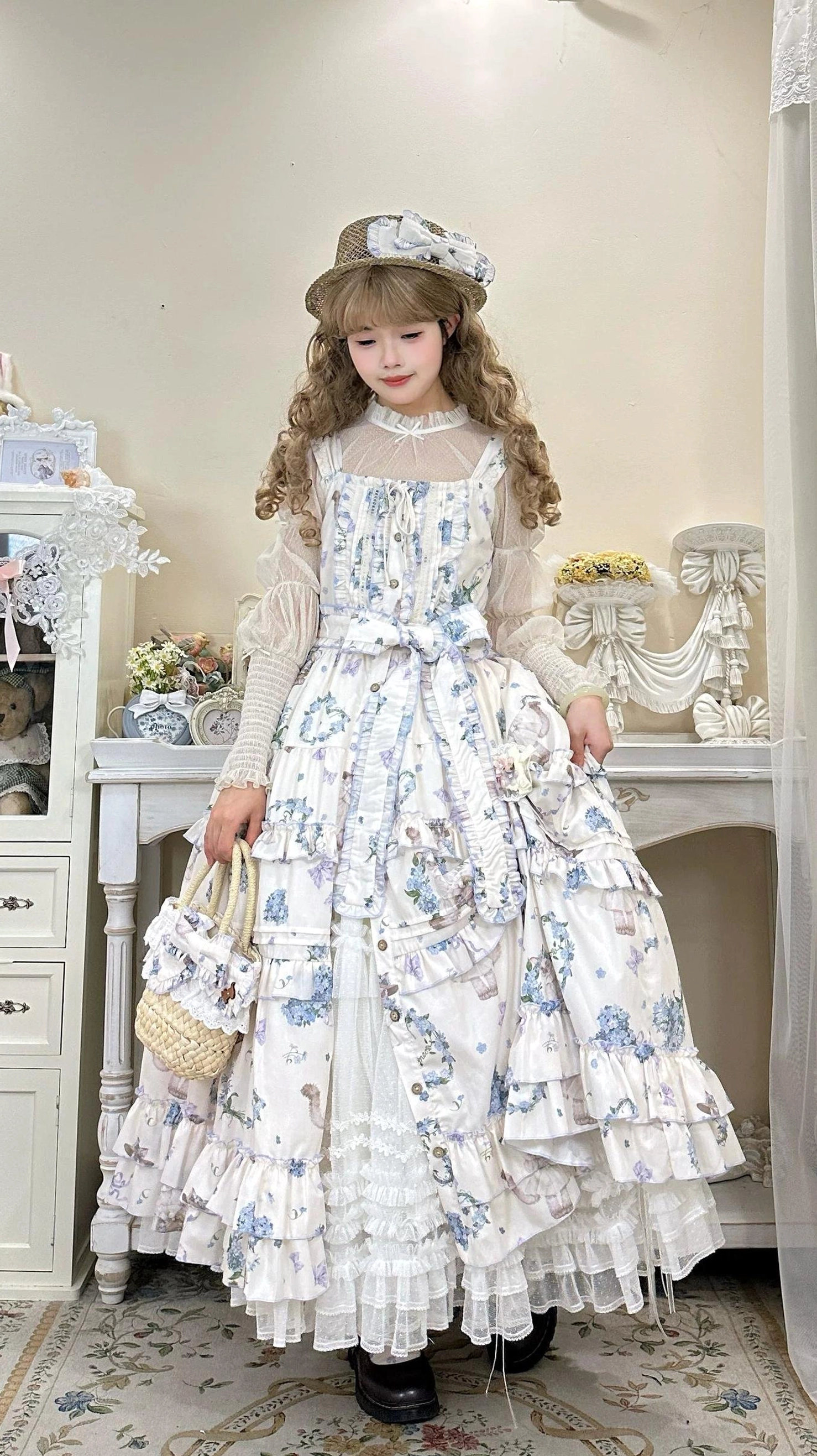 Meow Wreath Lolita JSK dress sheer long-sleeve inner top vintage indoor studio white retro furniture square neckline ruffled hem matching wicker handbag vintage lace hat