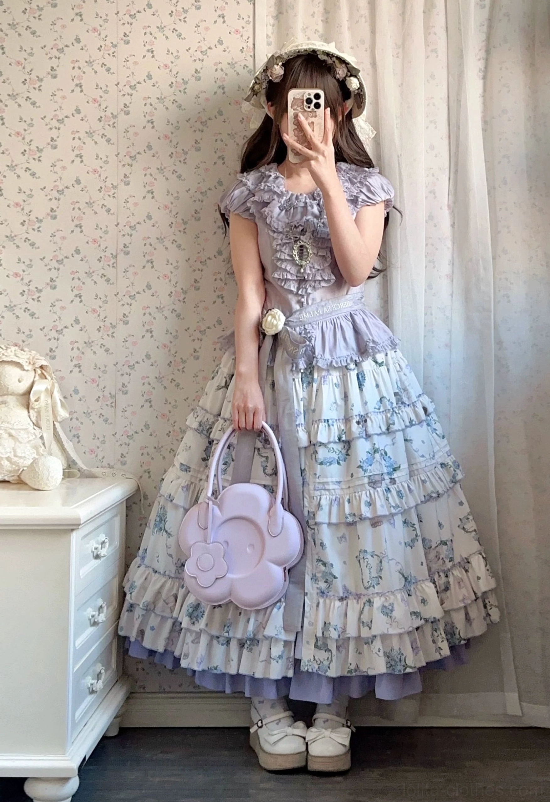 Meow Wreath Lolita JSK dress neckline elastic collar button closure front bodice pintucks ruffles detail design close-up