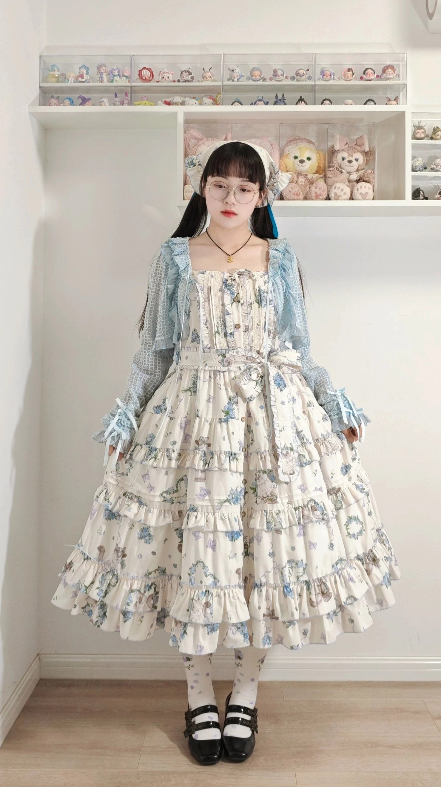 Meow Wreath Classic Lolita JSK dress size comparison multiple sizes laid flat showing length variations short and long versions button closure detail