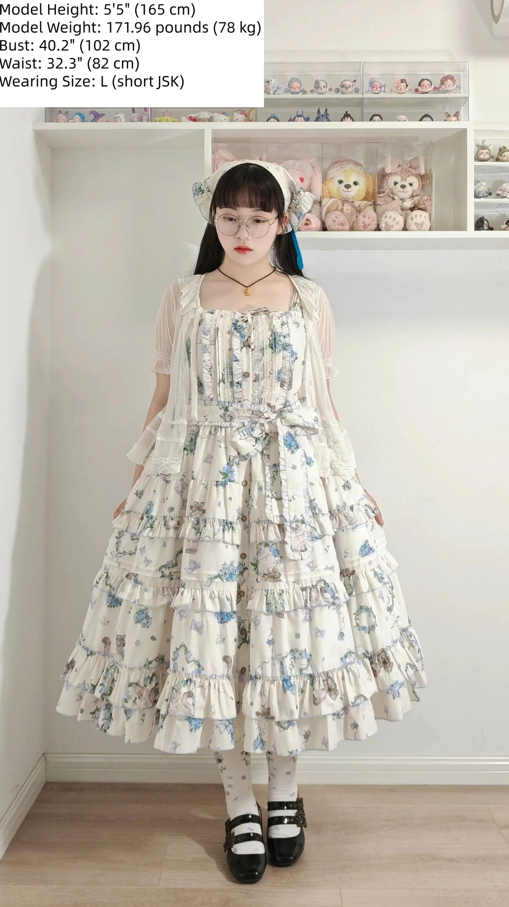 Meow Wreath Lolita JSK dress long-sleeve inner shirt indoor home studio shelf plush decor white base blue themed print layered ruffled skirt waist bow model height weight size information