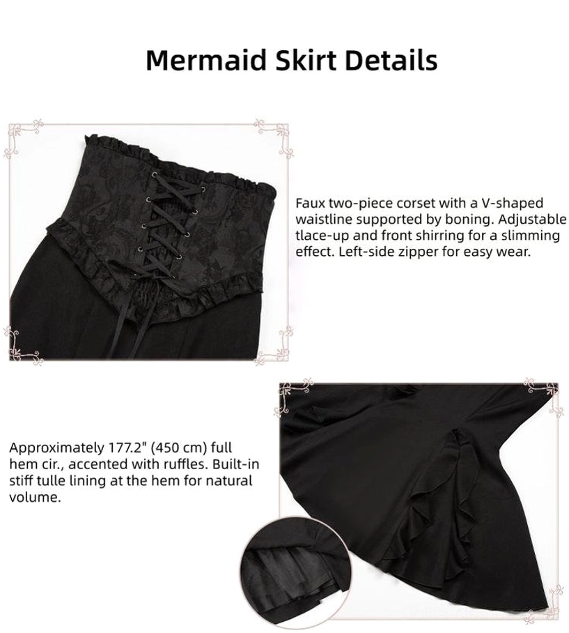 Mermaid Gothic Lolita corset skirt detail close-up flat lay faux two-piece boned waist lace-up front left zipper ruffled hem 177 inch circumference
