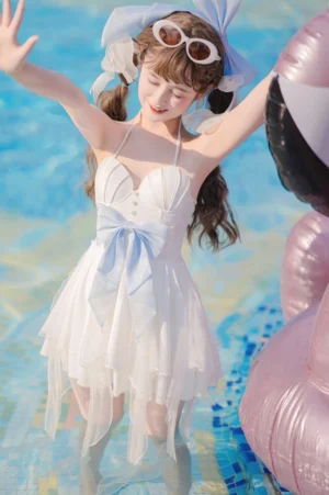 Lolita mermaid swimwear full front standing pose pool water halter neckline heart-shaped padded bust asymmetrical sheer tulle hem