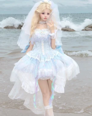 Mermaid Tears ocean wedding lolita JSK dress full front view on model at seaside beach with blonde hair and bridal veil