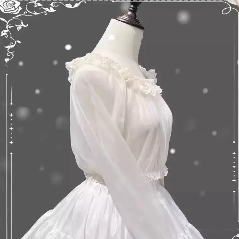 Long-sleeve sheer mesh Lolita blouse with ruffled round neckline puff sleeves and elastic hem shown on dress form side view with vintage backdrop