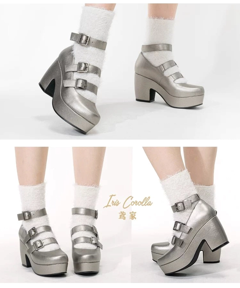 Two styles metallic silver Gothic Lolita platform heel shoes multiple small oblique views models and flat shots, three adjustable silver buckle straps, chunky block heel, plain crew socks