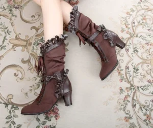 Dark brown meteorite wound gothic lolita velvet mid-calf boots with ruffled collar overhead view