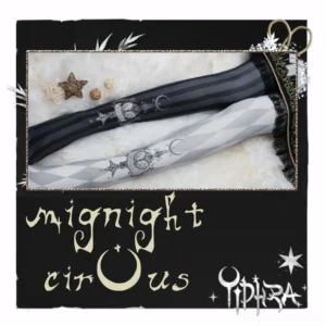 Midnight Circus argyle digital print lolita tights in multiple colorways displayed on fluffy fur with star accessories and moon clock patterns