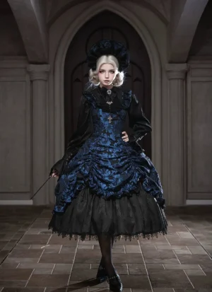 Midnight Lily gothic lolita jacquard JSK dress full front view blonde model vintage cathedral setting with gothic bonnet cross pendant leather shoes