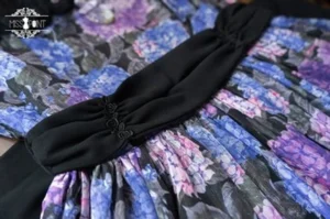 lolita-dress-detail-hydrangea-floral-print-black-ruffled-waist-sash-lace-trim-skirt