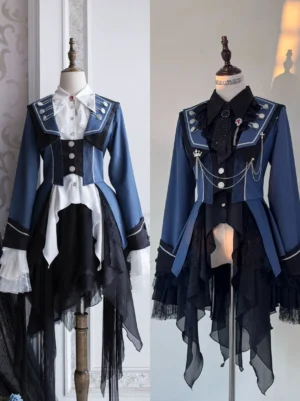 Front and side view of military-style gothic lolita two-piece suit with asymmetrical tulle skirt hem, military collar, vintage buttons, and tailored silhouette on display mannequin