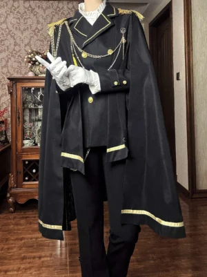 Close-up detail of black military Ouji lolita coat with gold buttons white gloves and chain tassel brooch
