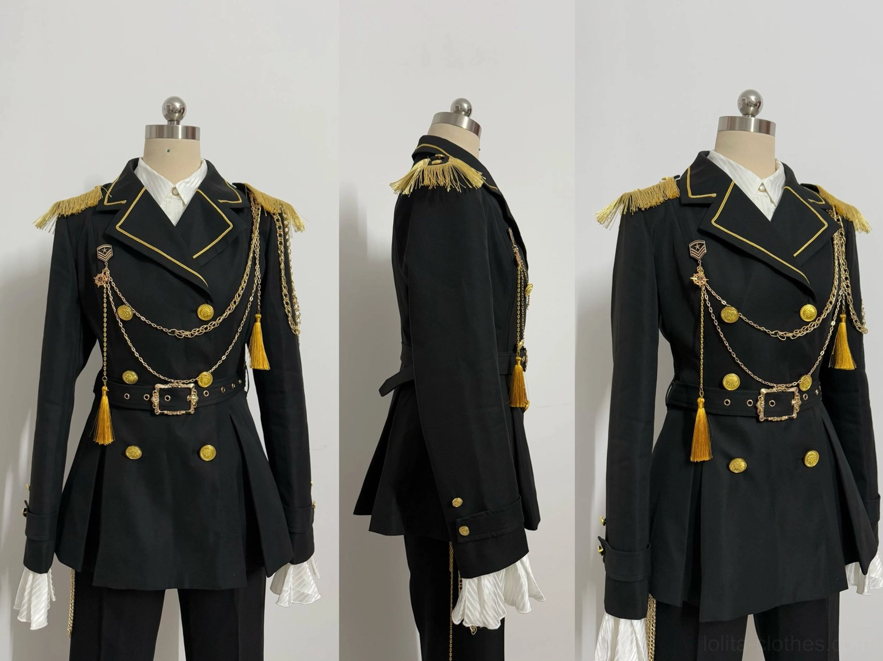 Military Ouji lolita coat individual piece featuring double-breasted design detachable shoulder badges gold button accents