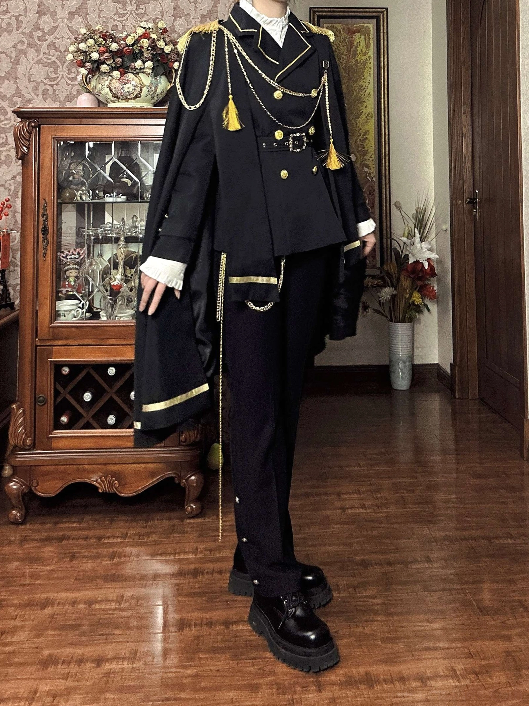 Military Ouji lolita complete outfit showcase with all components coat pants cape and decorative chain accessories