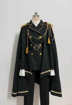 Military Ouji lolita full set with double-breasted coat cape and slim-fit prince pants front display on dress form