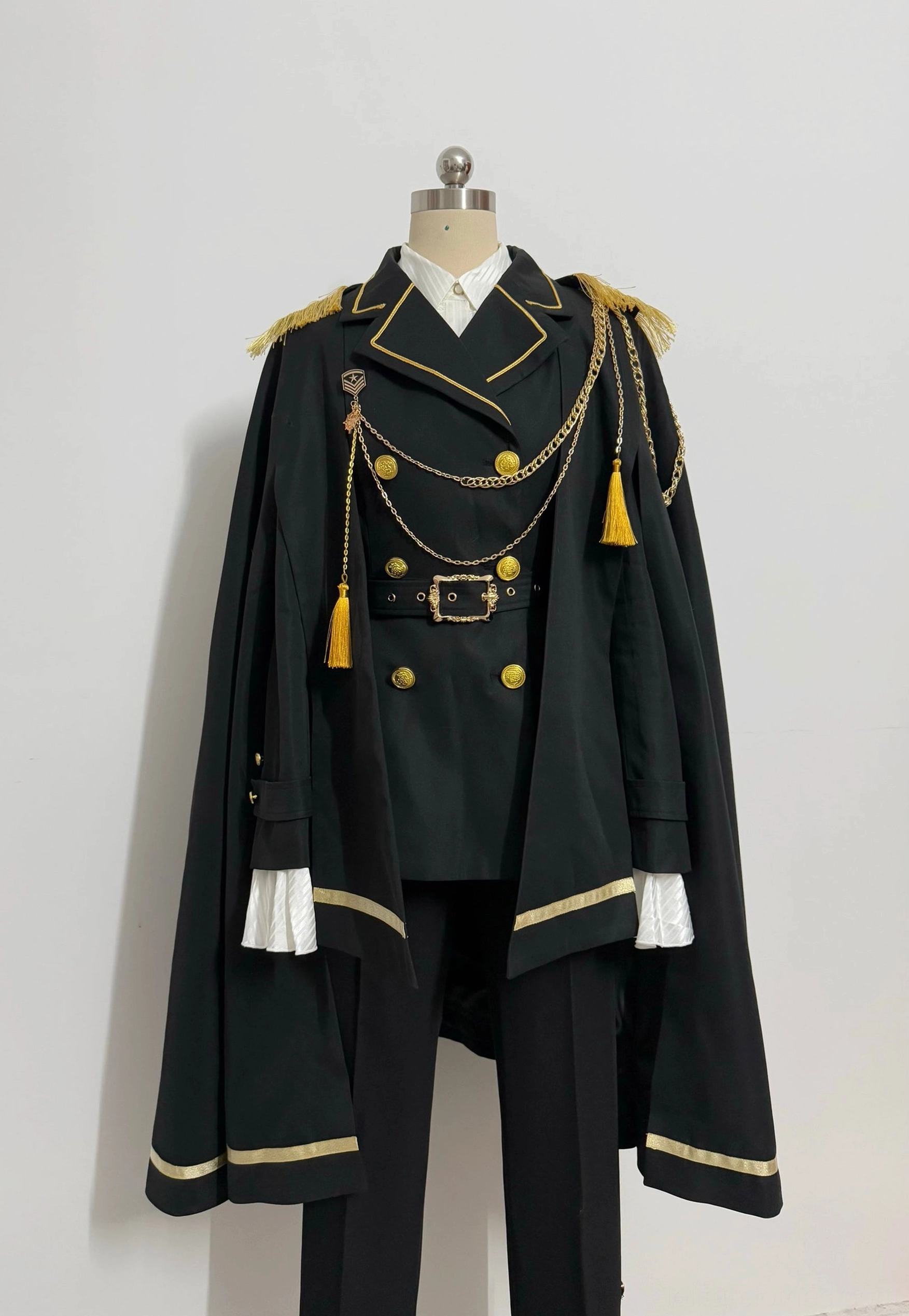 Military Ouji lolita full set with double-breasted coat cape and slim-fit prince pants front display on dress form