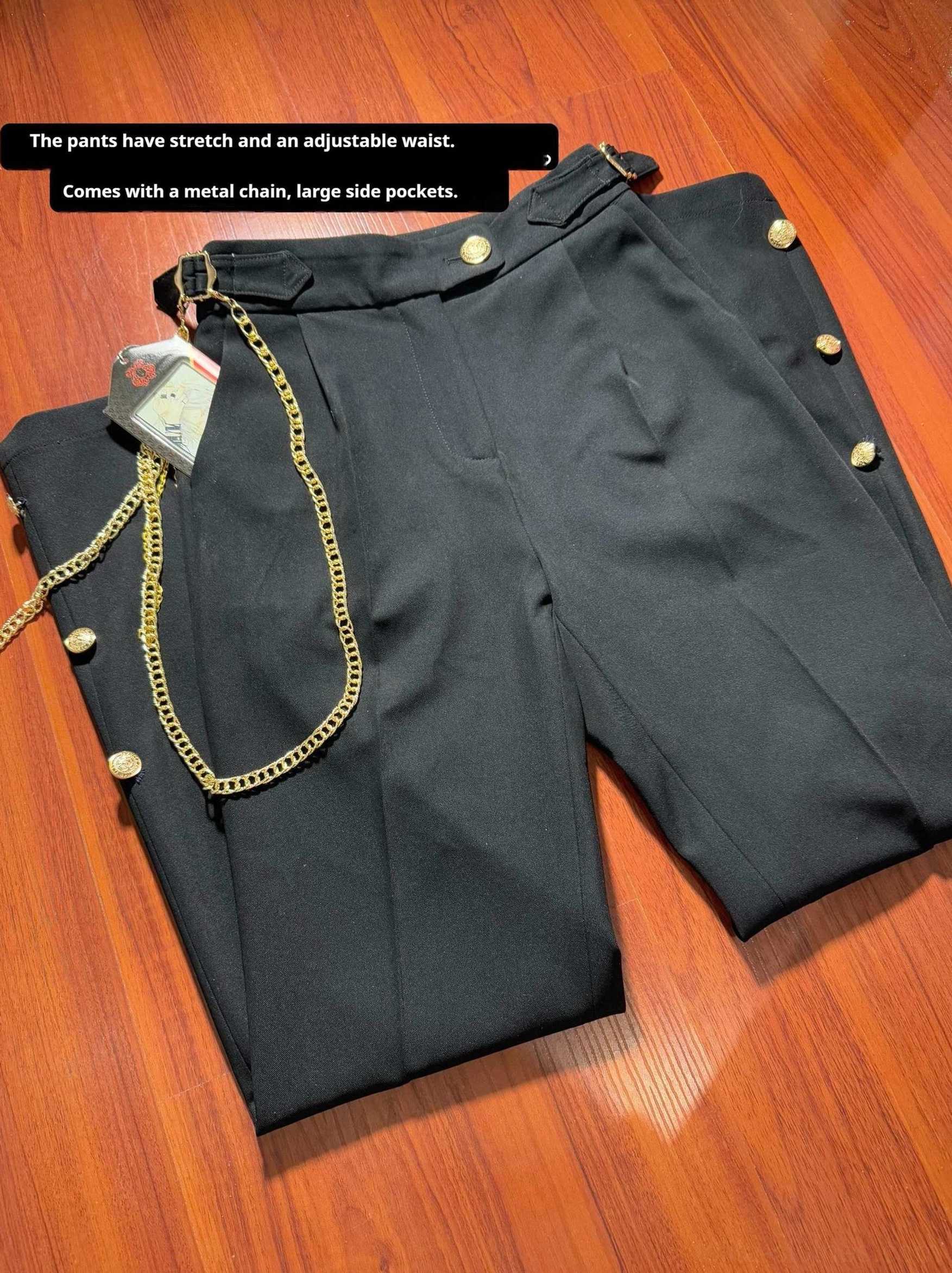 Military Ouji lolita prince pants single piece showing slim-fit silhouette detachable chain accents and functional pockets