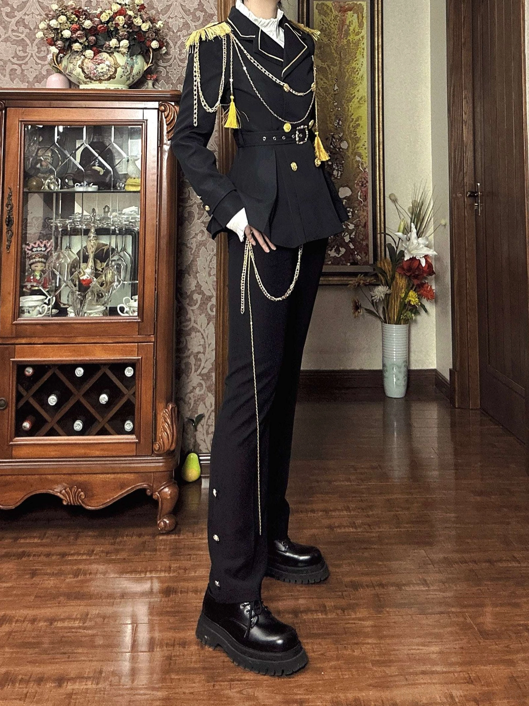 Full body side view military Ouji lolita with long chain decoration on trousers cape with gold trims formal leather shoes