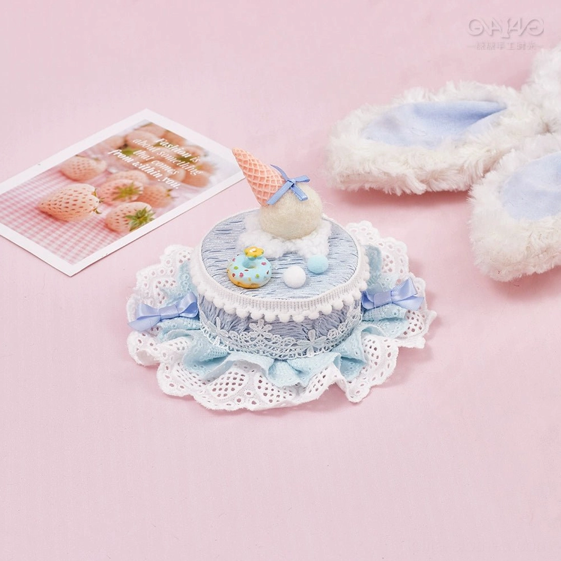 Milk blue Lolita cake hair accessory with lace ruffle trim ice cream scoop mini dessert charms top view